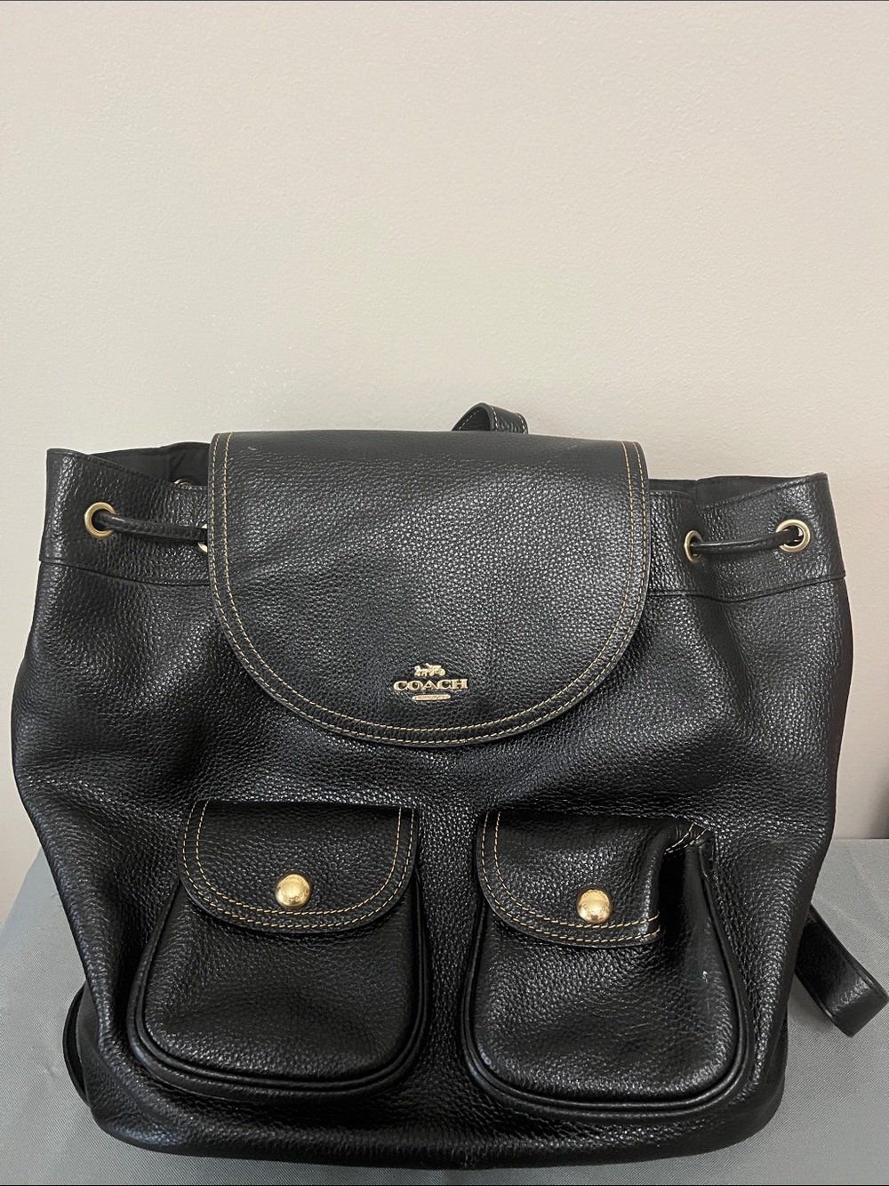 Coach Black Pebbled Leather Drawstring Flap Backpack with Gold Hardware